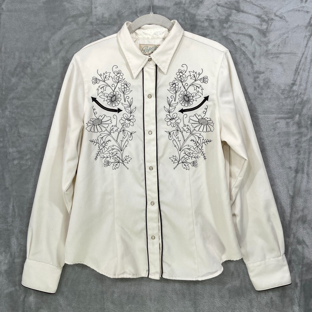 Roper Women's Size L Western Shirt White Embroidered Floral Arrowhead Pearl Snap
